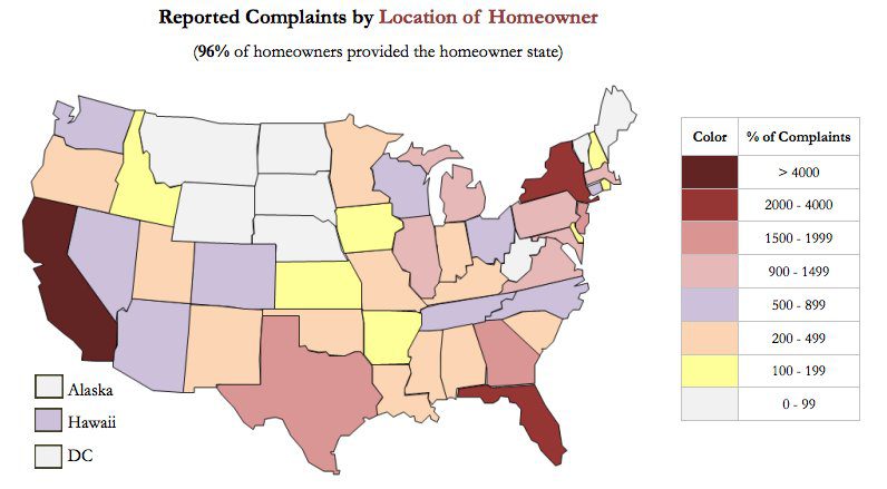 A map of the united states with colored complaints by location.