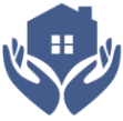A blue pixel art picture of two hands holding a house.